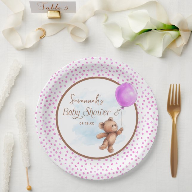 Plato De Papel Chica rosa Teddy Bear Baby Shower Placa de papel (Boda)