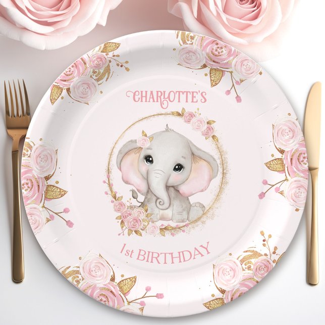 Plato De Papel Chica rosado cute Elefante Rosas Florales Primer c (Cute Elephant Pink Girl Floral Roses 1st Birthday Paper Plates)