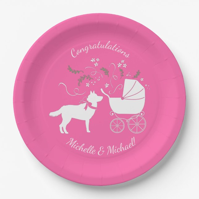 Plato De Papel Chica rosado del perro Husky siberiano Baby Shower (Anverso)