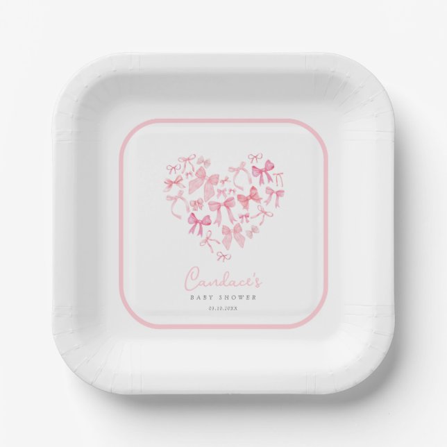 Plato De Papel Chica rosado Personalizado Bow Baby Shower (Anverso)