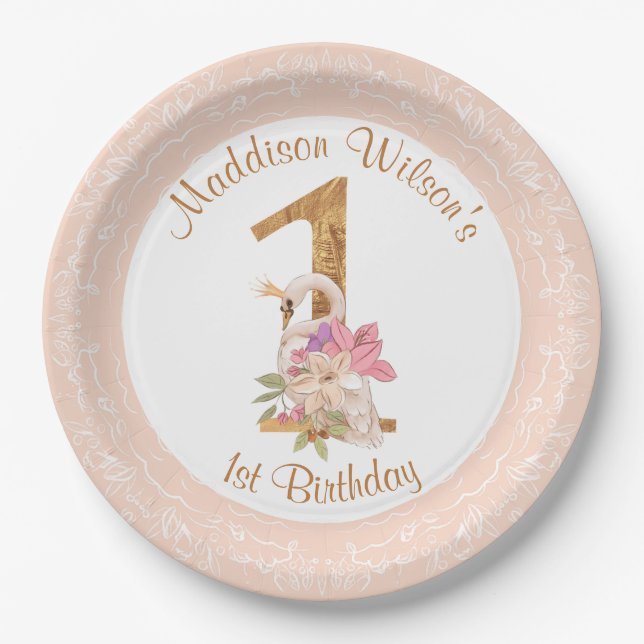 Plato De Papel Chica Rosado Swan 1ª placa de papel de cumpleaños (Anverso)