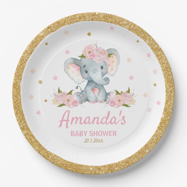 Plato De Papel Chica Rubor Floral Elephant Baby Shower (Anverso)