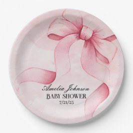 Plato De Papel Chica Shower de Bebé Lazo Rosa Coquette