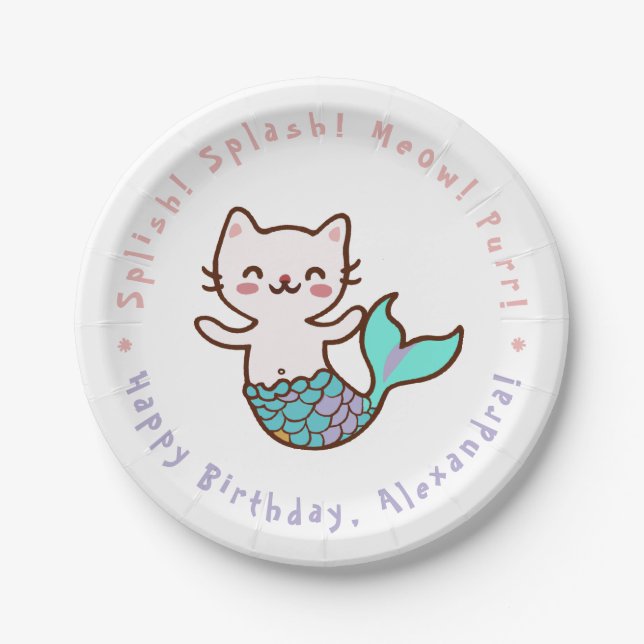 Plato De Papel Chica Sirena Gatito Lindo Cumpleaños Meowmaid Purr (Anverso)