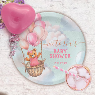 Plato De Papel Chica Teddy Bear Balón de aire caliente Baby Showe
