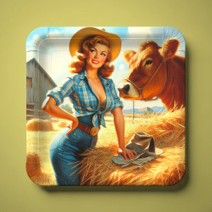 Plato De Papel Chica vaquera vintage pin-up linda
