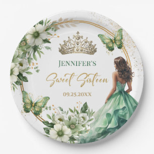 Plato De Papel Chica verde esmeralda Princesa Tiara Dulce Floral 