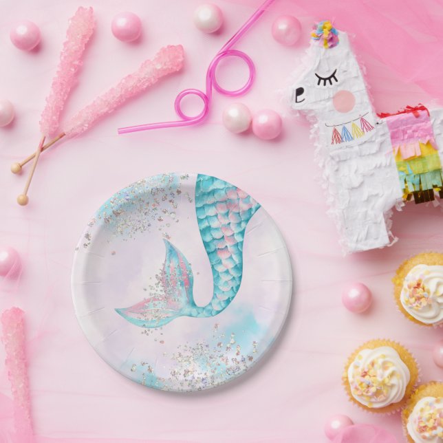 Plato De Papel Chica Watercolor Mermaid Birday Party (Fiesta)