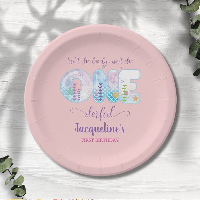 Plato De Papel Chicas 1º cumpleaños UN Bonito maravilloso Rosa (Under the sea girls 1st birthday  party paper plate. Easy to personalize.)