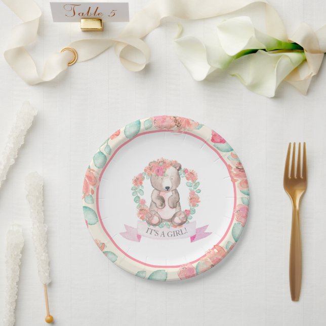 Plato De Papel Chicas acuarela Floral Baby Bear Baby Shower (Boda)