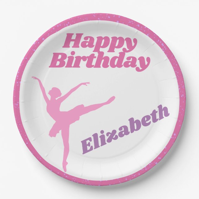 Plato De Papel Chicas bailan Fuchsia Ballerina Feliz cumpleaños (Anverso)