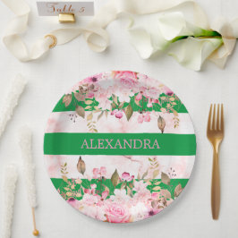 Plato De Papel Chicas celebración religiosa franja rosa verde