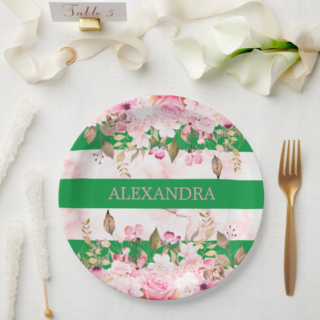 Plato De Papel Chicas celebración religiosa franja rosa verde (Boda)