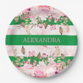 Plato De Papel Chicas celebración religiosa franja rosa verde