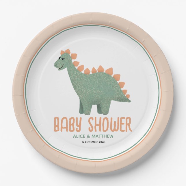 Plato De Papel Chicas Cutan Whimsical Dinosaurio Rosa Baby Shower (Anverso)