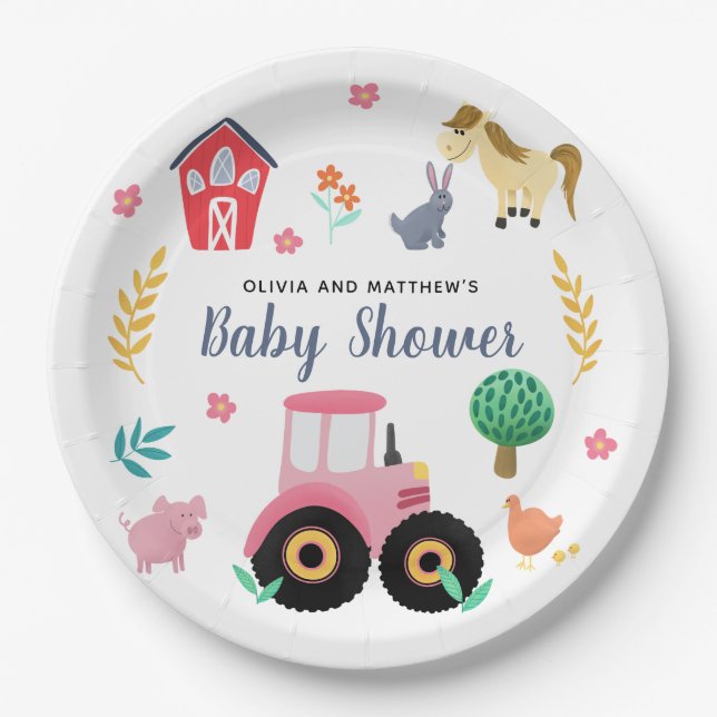 Plato De Papel Chicas Cute Pink Farm Tractor Baby Shower (Anverso)