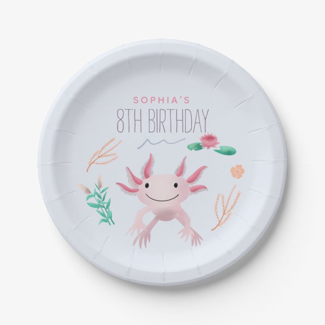 Plato De Papel Chicas Cute Pink Kawaii Axolotl Cumpleaños (Anverso)