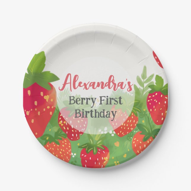 Plato De Papel Chicas de Berry First Birday Strawberry personaliz (Anverso)