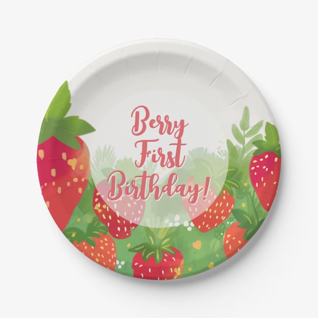 Plato De Papel Chicas de Berry First Birthday Strawberry 1 (Anverso)
