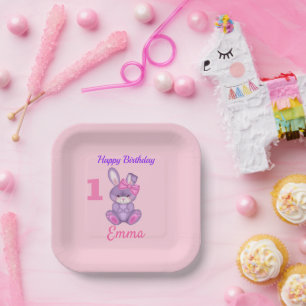 Plato De Papel Chicas de conejitos rosados personalizados Cumplea