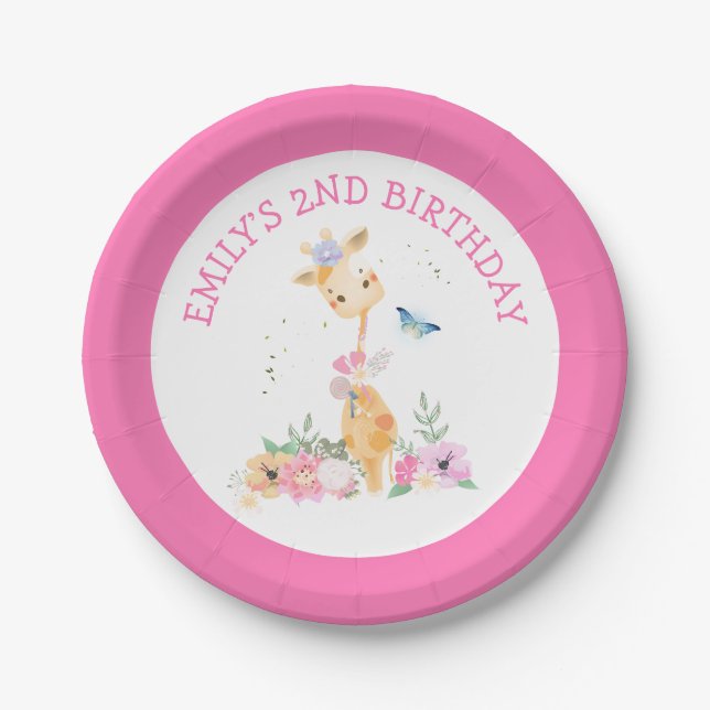 Plato De Papel Chicas de Cute Giraffe Pink Florals Fiesta de cump (Anverso)