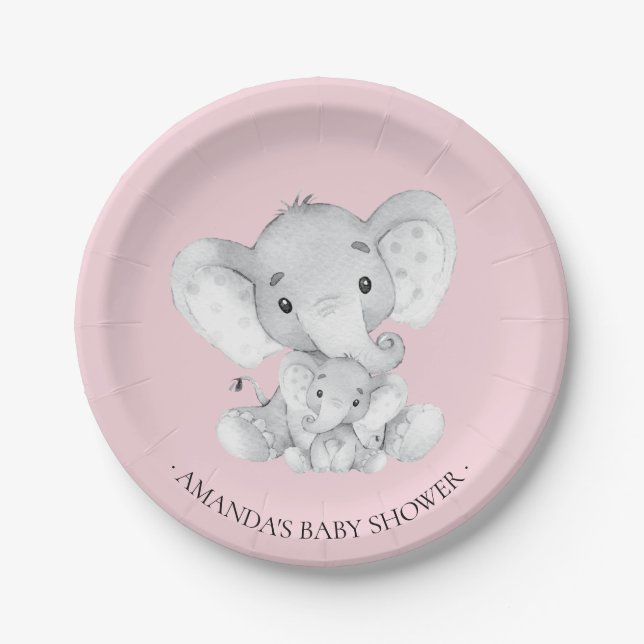 Plato De Papel Chicas de elefantes dulces Baby Shower 7" Plate (Anverso)