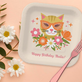 Plato De Papel Chicas de gatos florales cutáneos cumpleaños