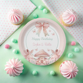 Plato De Papel Chicas de hadas Mushroom House Ribbon Twins Cumple
