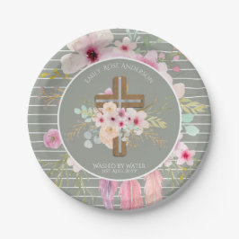 Plato De Papel Chicas de la Cruz Floral de Sage Rosado Baptismo F