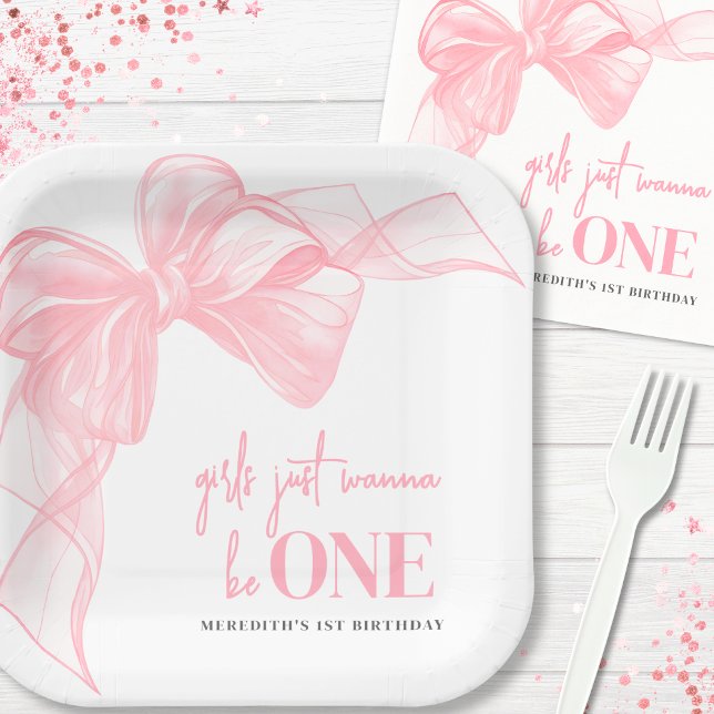 Plato De Papel Chicas de Lazo Rosa Cumpleaños 1er año (Pink Bow Girls 1st Birthday Paper Plates)