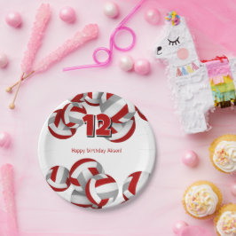 Plato De Papel chicas de voleibol gris rojo de cumpleaños masculi