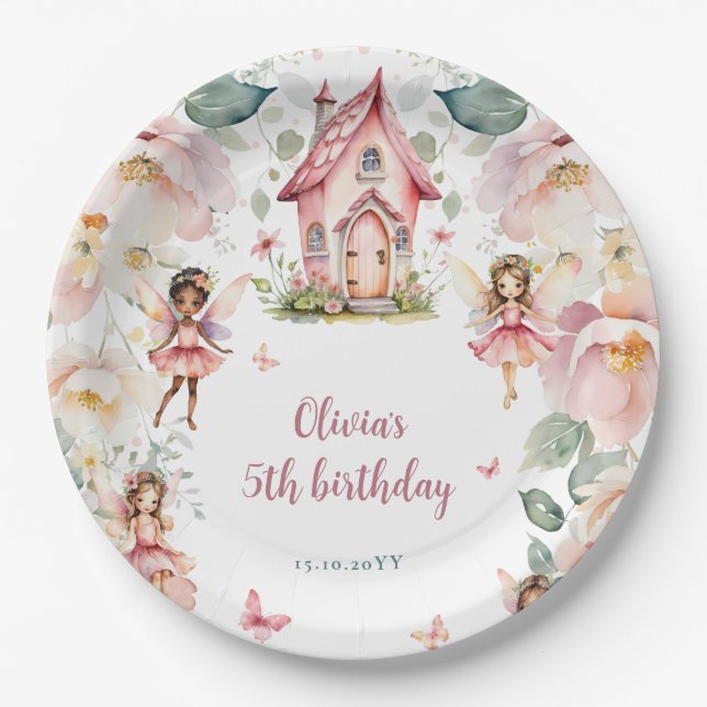 Plato De Papel Chicas del Whimsical Garden Fairy Tea Fiesta Cumpl (Anverso)