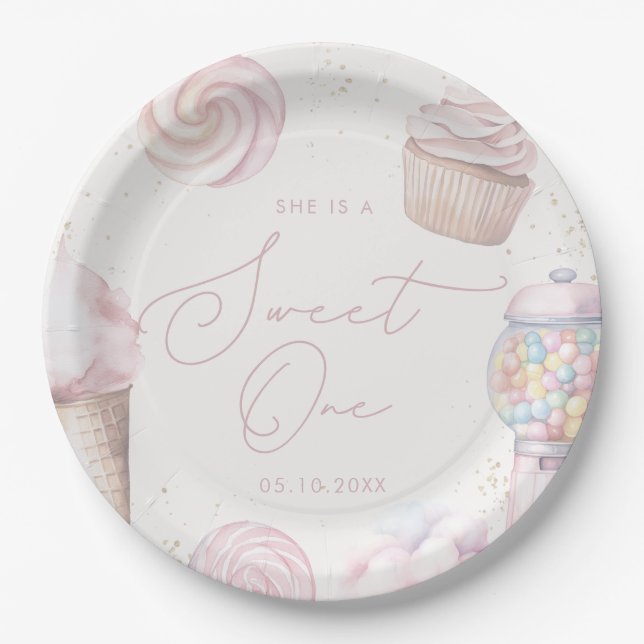 Plato De Papel Chicas Dulce Rosa Un Candy Helado Primer Cumpleaño (Anverso)