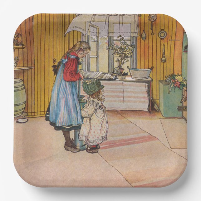 Plato De Papel Chicas en la cocina (arte sueco clásico) (Anverso)