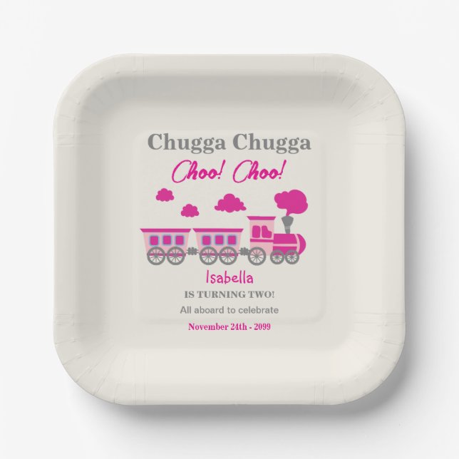 Plato De Papel Chicas Fiesta del segundo cumpleaños del tren rosa (Anverso)