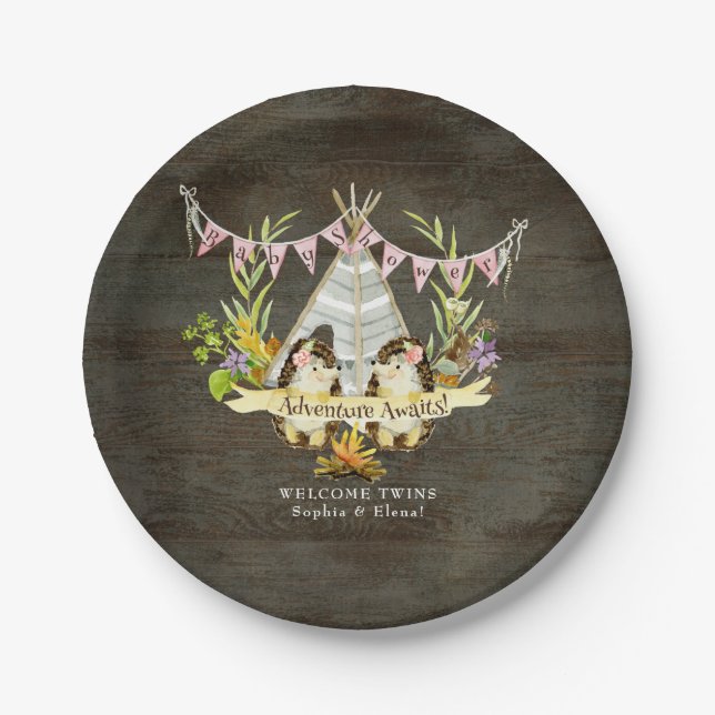 Plato De Papel Chicas gemelos Baby Shower Hedgehog Adventure BOHO (Anverso)