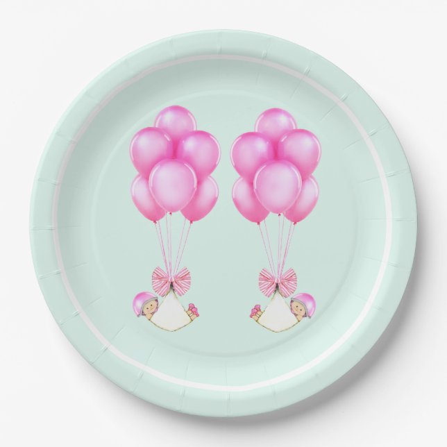 Plato De Papel Chicas gemelos de Baby Shower (Anverso)