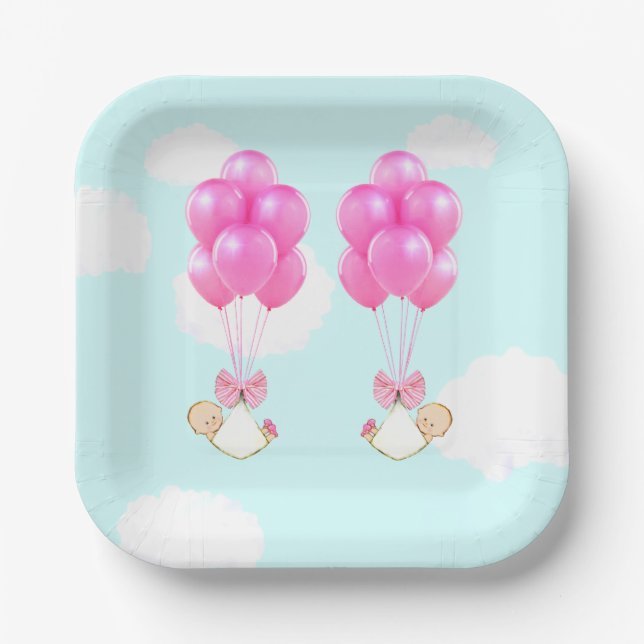 Plato De Papel Chicas gemelos de Baby Shower (Anverso)