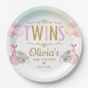 Plato De Papel Chicas gemelos Elefante Baby Shower Sprinkle Whims