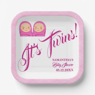 Plato De Papel Chicas gemelos Fiesta Baby Shower Rosa.