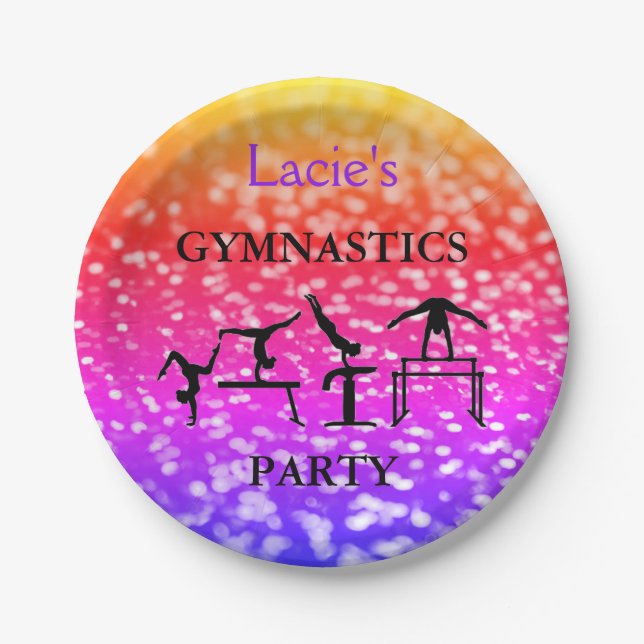 Plato De Papel Chicas Gimnasia Birthday Sparkle Nombre personaliz (Anverso)