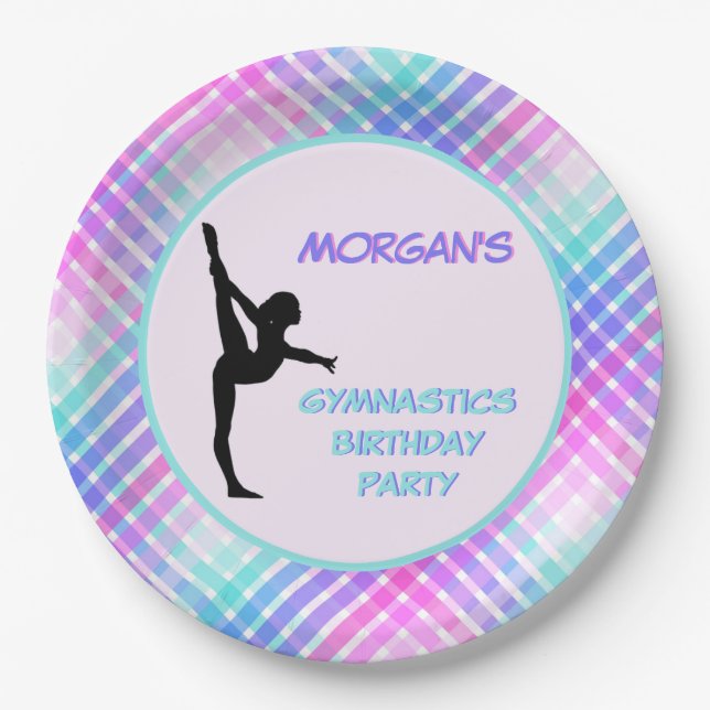 Plato De Papel Chicas Gimnasia Cumpleaños Bonito Pastel Plaid (Anverso)
