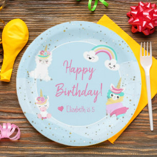 Plato De Papel Chicas Llamacorn Unicorn Feliz cumpleaños