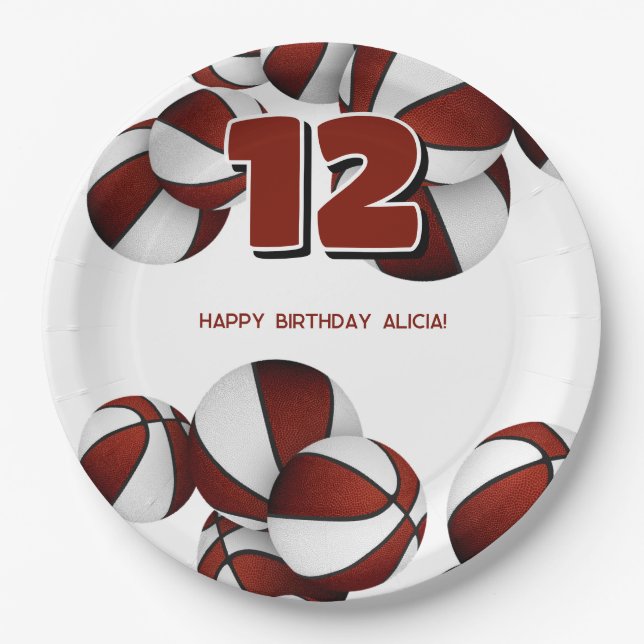Plato De Papel chicas maroon blanco de baloncesto fiesta deportiv (Anverso)