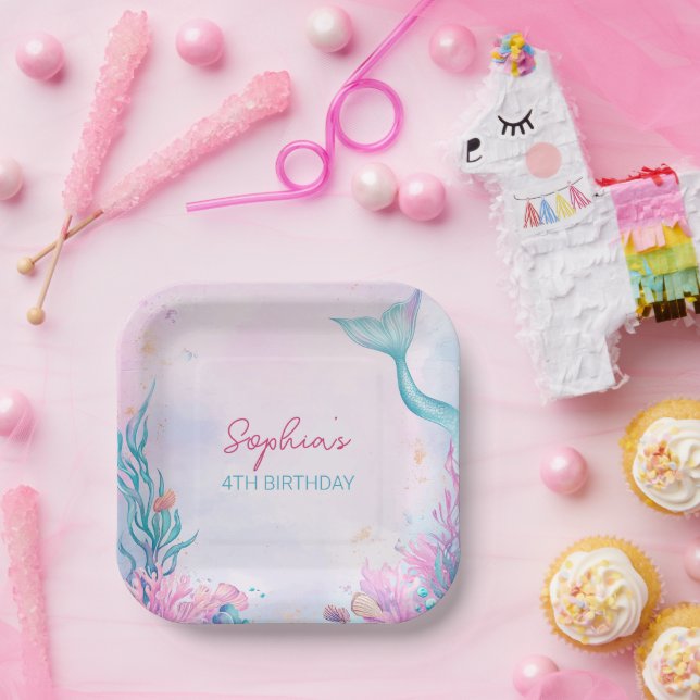 Plato De Papel Chicas Mermaid Birthday Party Watercolor (Fiesta)