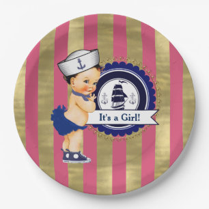 Plato De Papel Chicas Nautical Navy Blue Pink Gold Baby Shower