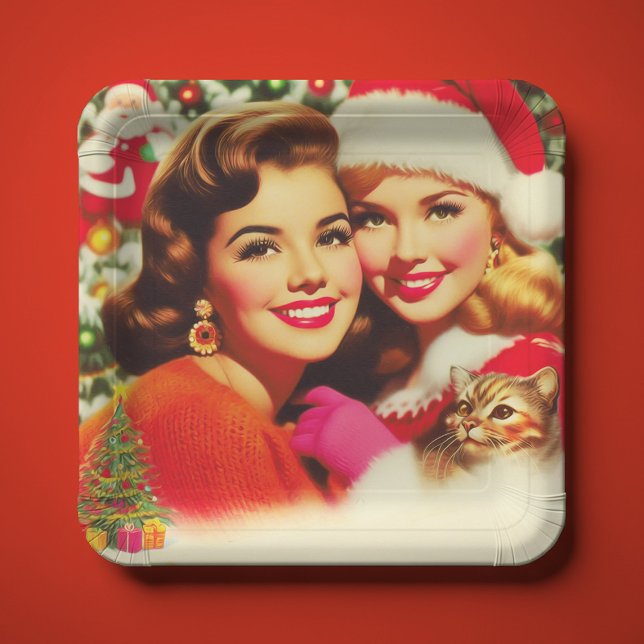 Plato De Papel Chicas Navideñas Retro Lindas (Subido por el creador)