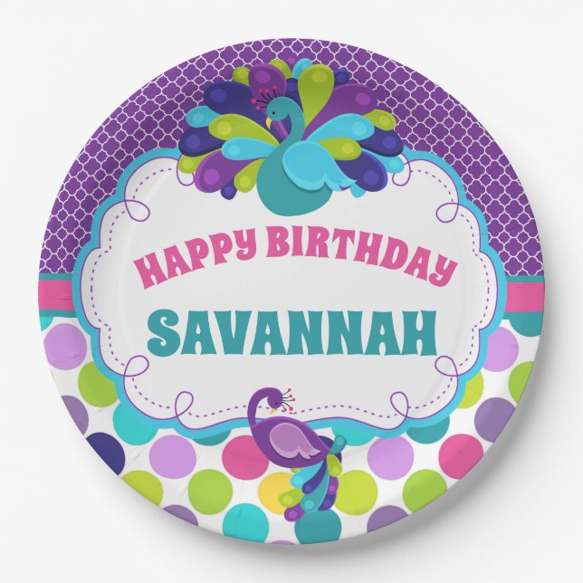 Plato De Papel Chicas Peacock Feliz cumpleaños Fiesta personaliza (Anverso)