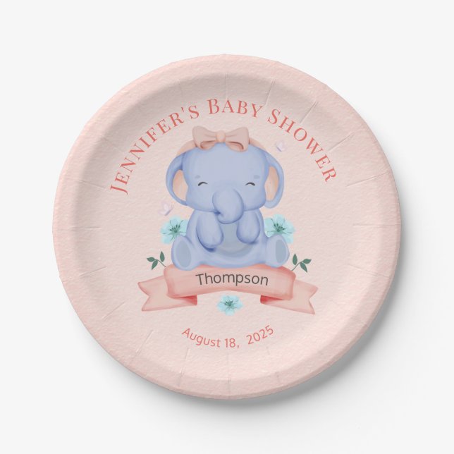 Plato De Papel Chicas personalizados Blue Elephant Coral (Anverso)