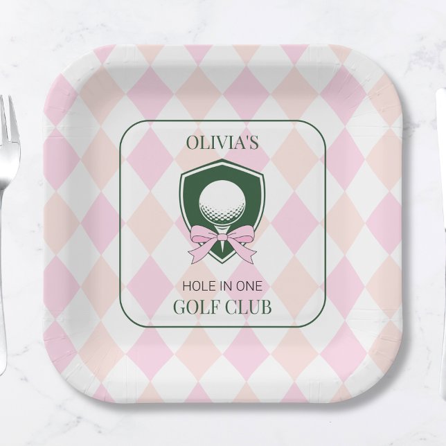 Plato De Papel Chicas personalizados Golf Pink First Birthday Par (Personalized Girls Golf Pink First Birthday Partee Paper Plates)